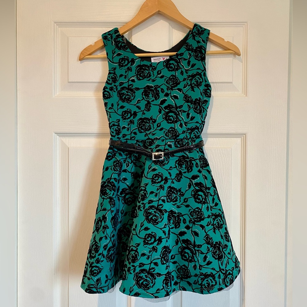 Beautees Green and Black Floral Formal Dress with Belt Girls Size 8